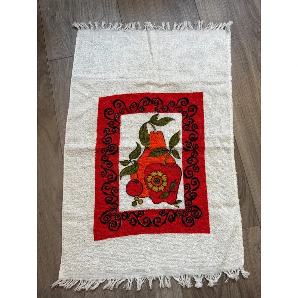 Vintage 70s Fruit Kitchen Towel Cotton Fringe Pear Apple Red White Made in USA